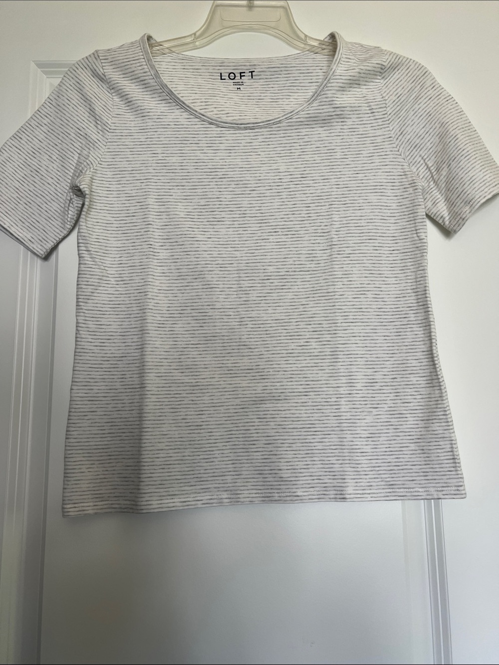 LOFT White and Light Gray Striped Short Sleeve Crewneck Tee